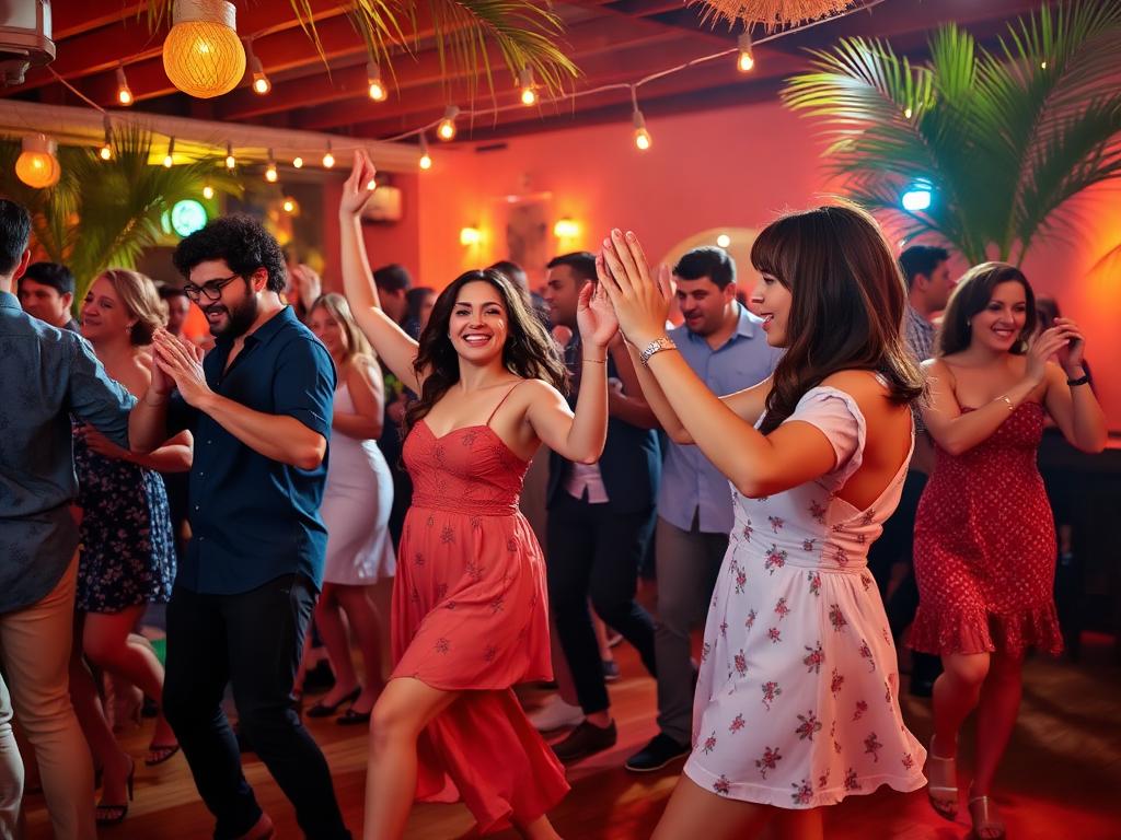 Group of adults dancing salsa in a warm tropical bar with string lights