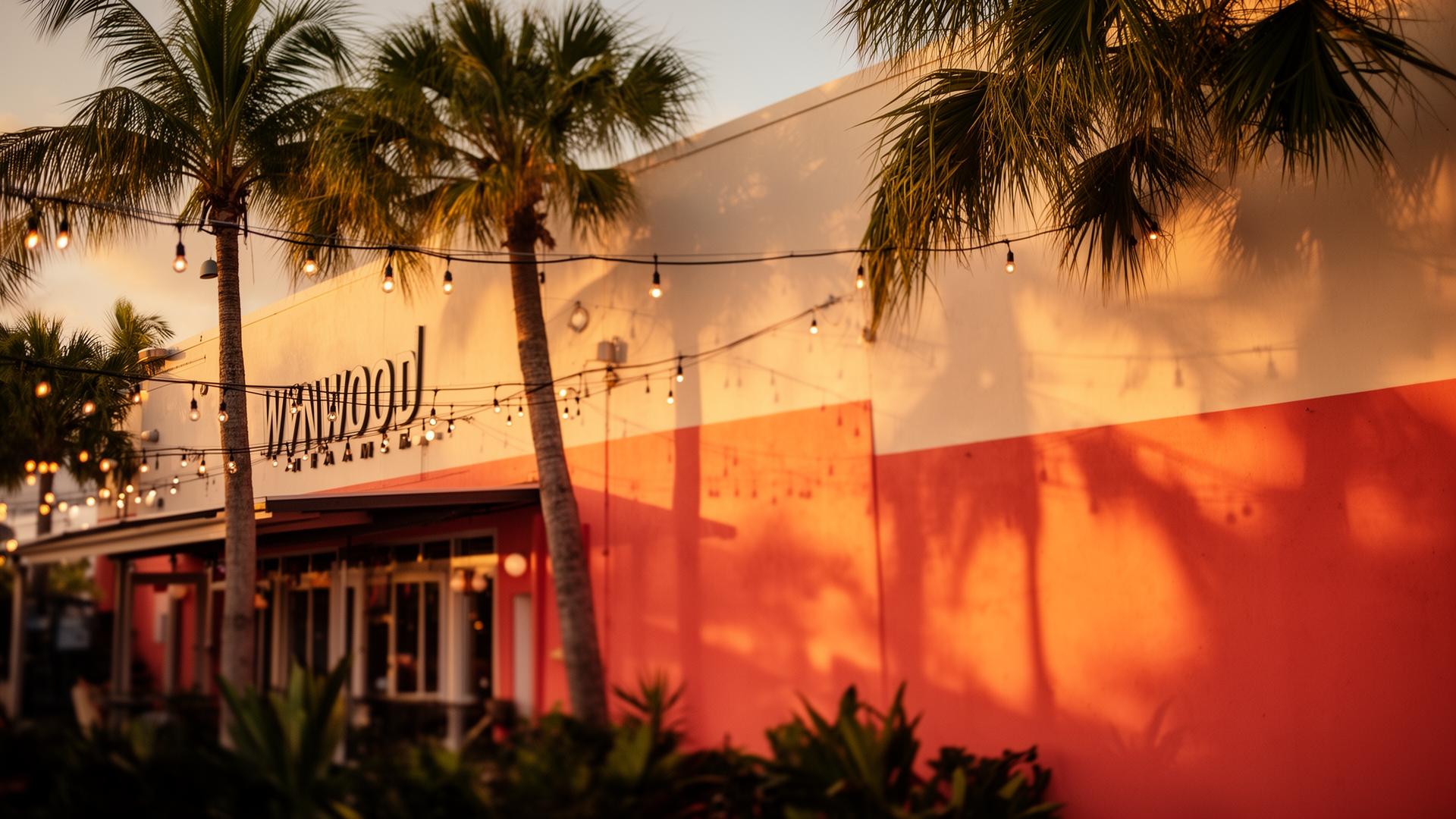 Wynwood Miami tropical bar at golden hour with string lights and palm shadows