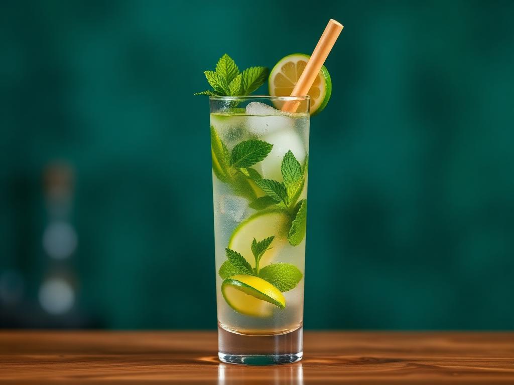 Hand-pressed mojito with fresh mint, lime, and sugarcane on a wooden bar